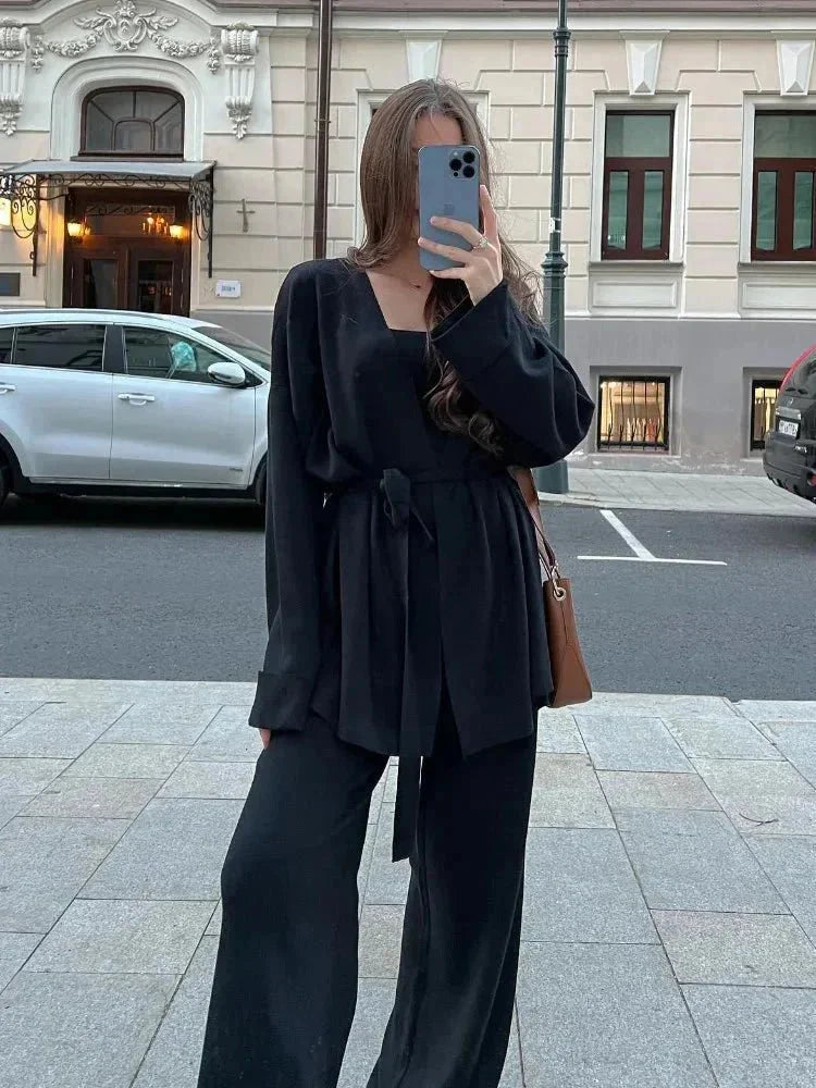 Ensemble gilet ceinturé et pantalon en maille Nelvoire — coloris noir