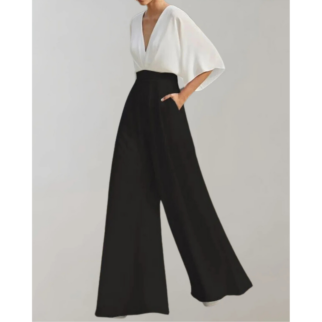 Combinaison col V à jambes larges Nelvoire — coloris noir et blanc