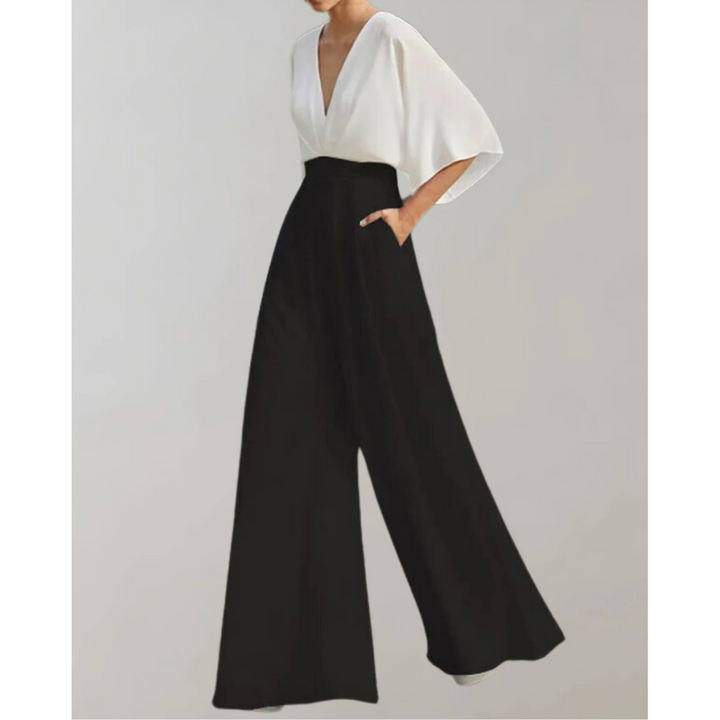 Combinaison col V à jambes larges Nelvoire — coloris noir et blanc