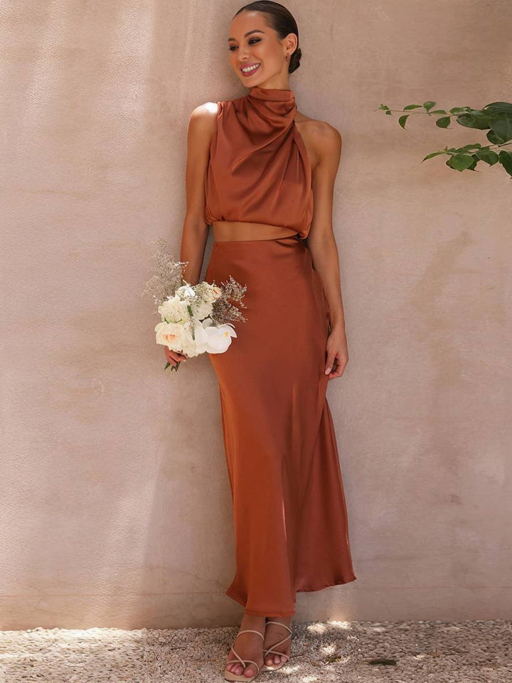 Jupe longue taille haute coupe évasée Nelvoire — coloris marron