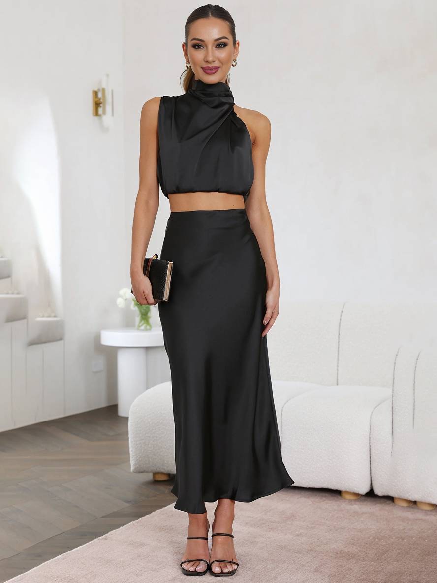 Jupe longue taille haute coupe évasée Nelvoire — coloris noir