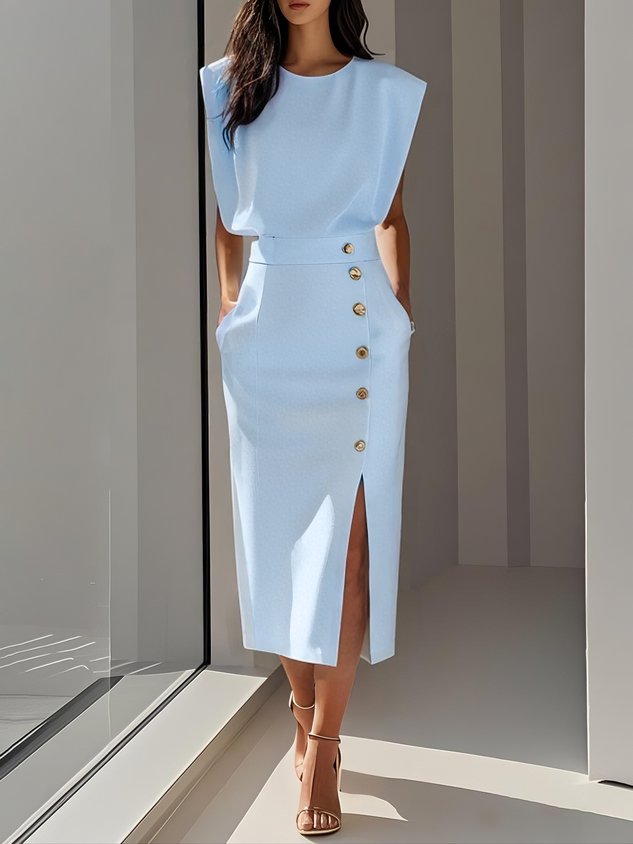 Jupe midi taille haute à fente latérale Nelvoire — coloris bleu clair