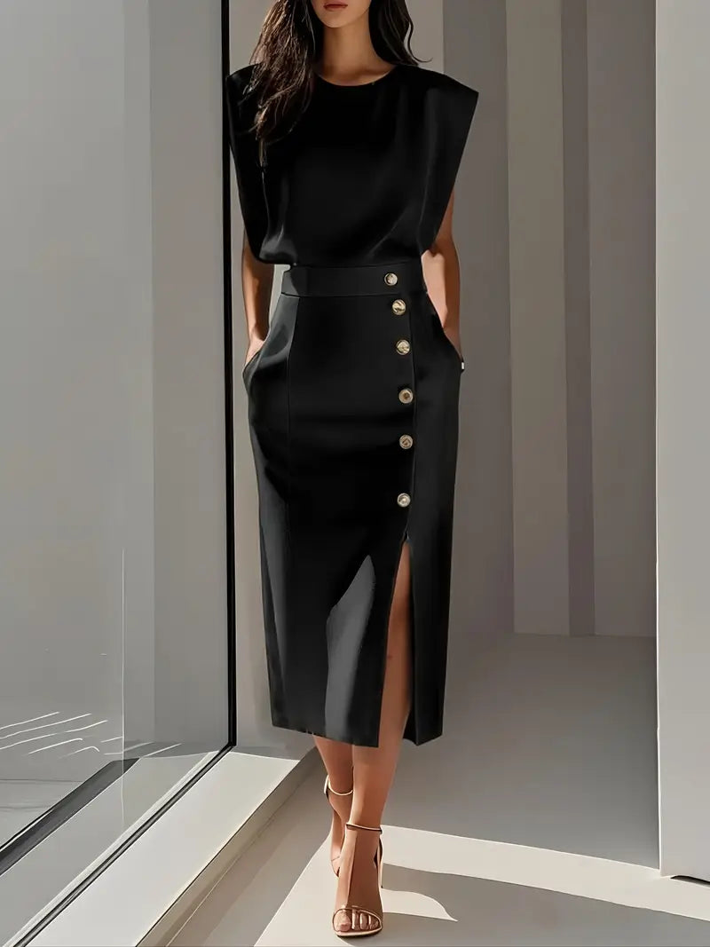 Jupe midi taille haute à fente latérale Nelvoire — coloris noir