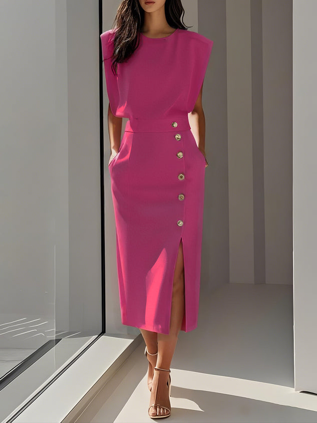 Jupe midi taille haute à fente latérale Nelvoire — coloris rose fuchsia