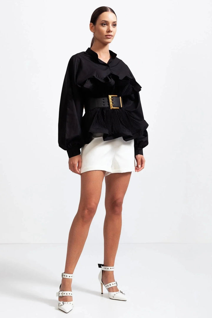 Blouse à volants et manches volumineuses Nelvoire — coloris noir