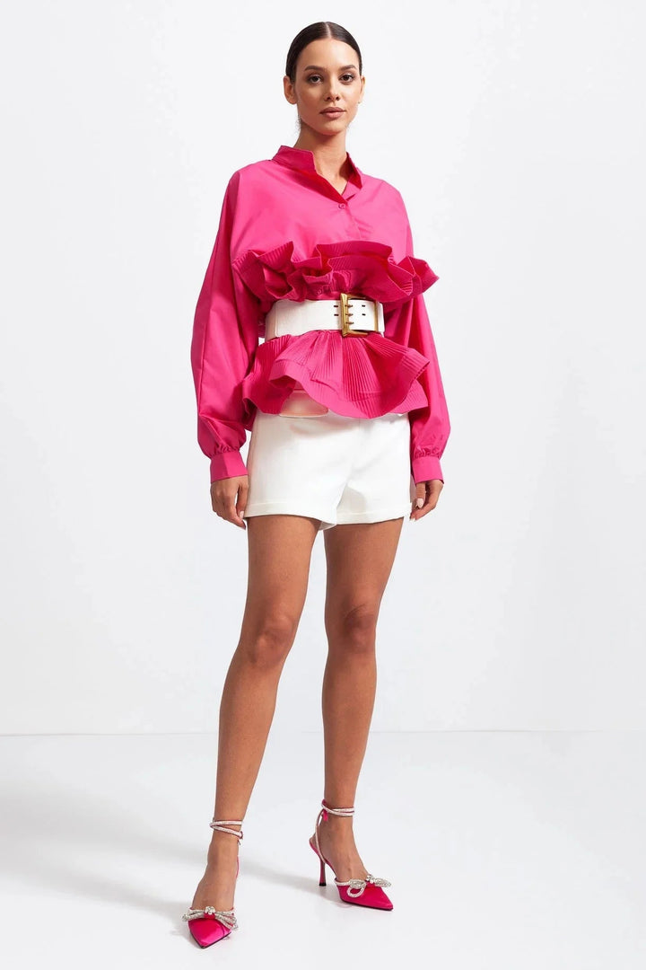 Blouse à volants et manches volumineuses Nelvoire — coloris rose