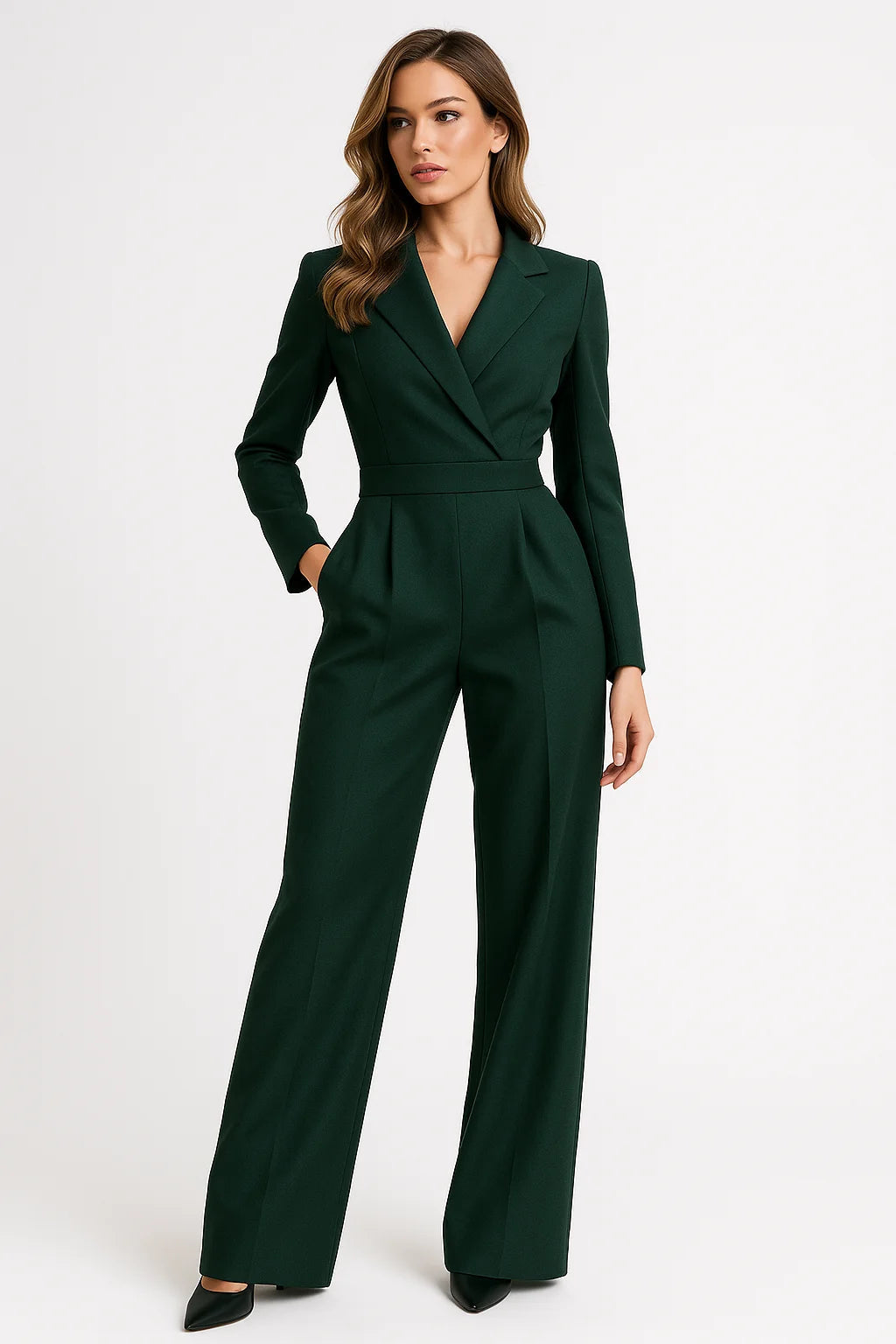 Combinaison élégante col V à jambes larges Nelvoire — coloris vert
