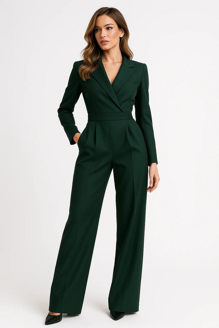 Combinaison élégante col V à jambes larges Nelvoire — coloris vert