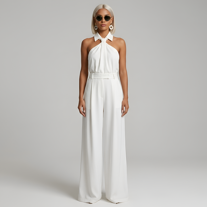Combinaison ceinturée col montant jambe large Nelvoire — coloris blanc