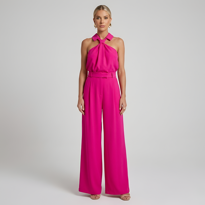 Combinaison ceinturée col montant jambe large Nelvoire — coloris rose