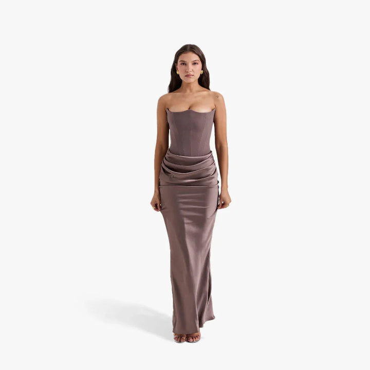 Robe longue bustier à détails drapés Nelvoire — coloris marron