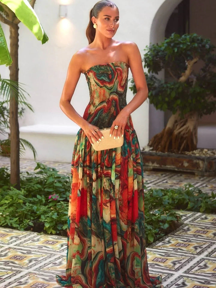 Robe longue buste dénudé à imprimé multicolore Nelvoire — vue 2