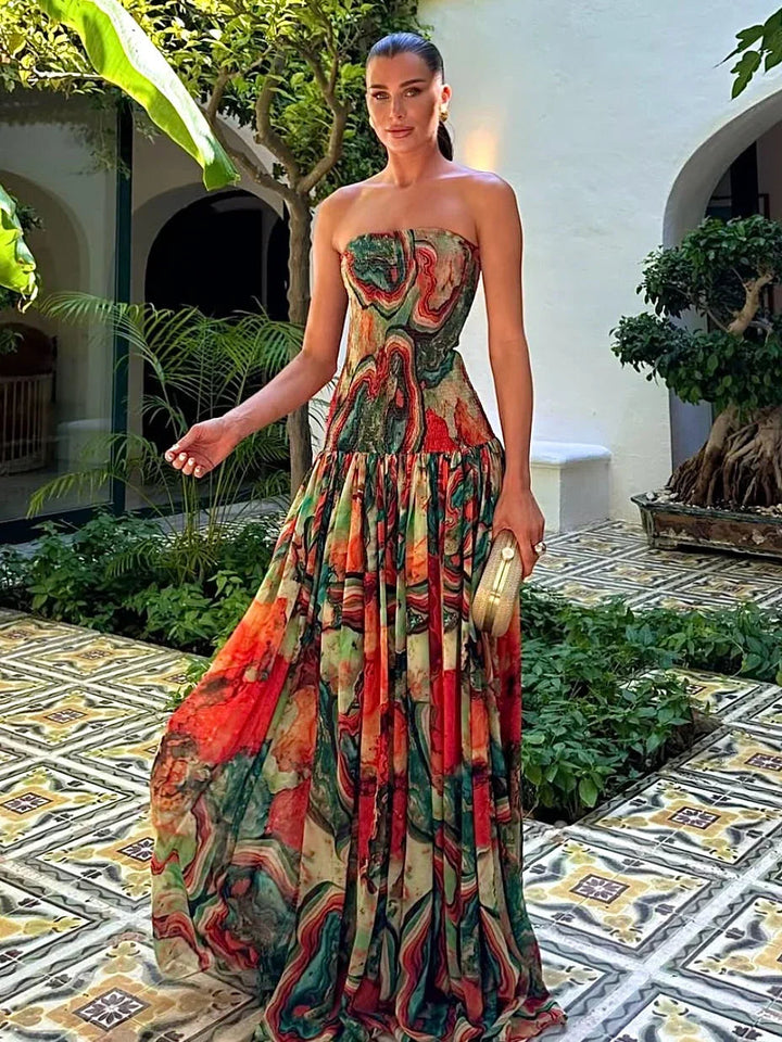 Robe longue buste dénudé à imprimé multicolore Nelvoire — coloris multicolore