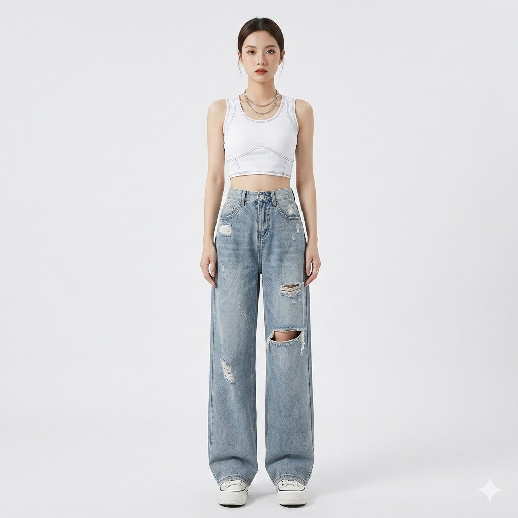 Jean vintage déchiré à jambe large Nelvoire — Solène, collection femme