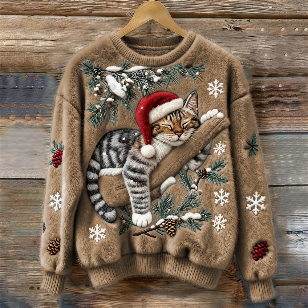 Pull à imprimé chat festif Nelvoire — coloris kaki
