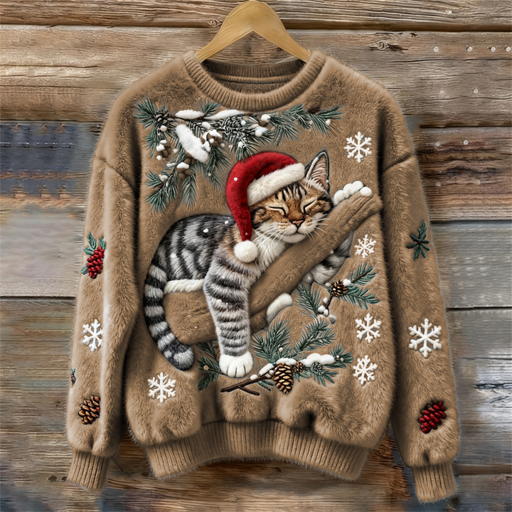 Pull à imprimé chat festif Nelvoire — coloris kaki