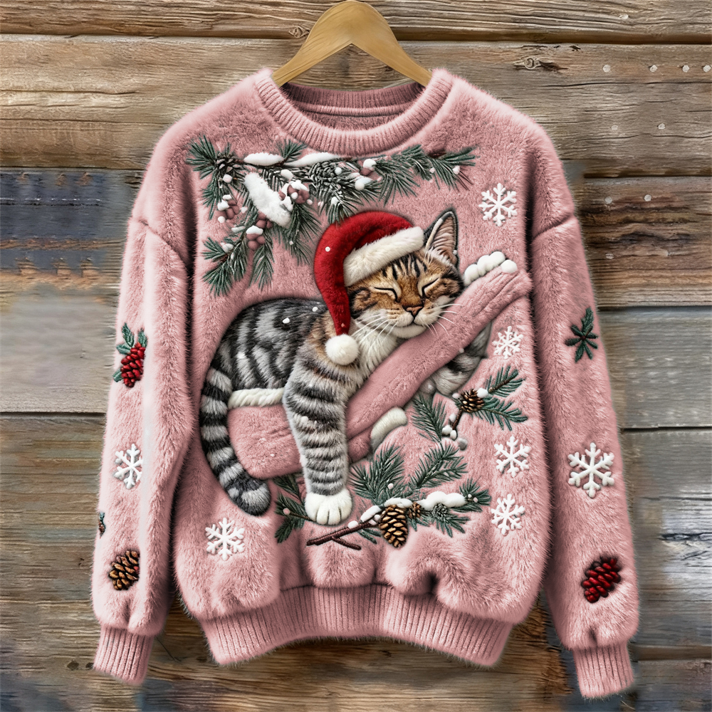 Pull à imprimé chat festif Nelvoire — coloris rose