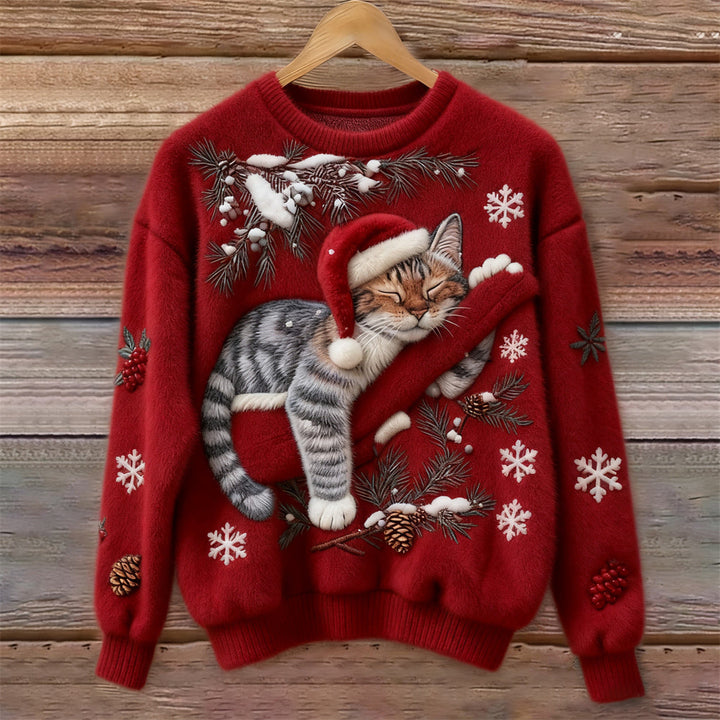 Pull à imprimé chat festif Nelvoire — coloris rouge