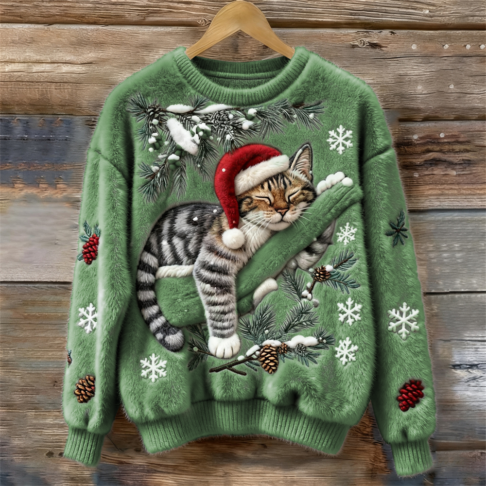 Pull à imprimé chat festif Nelvoire — coloris vert