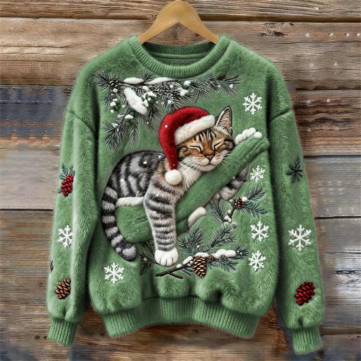 Pull à imprimé chat festif Nelvoire — coloris vert